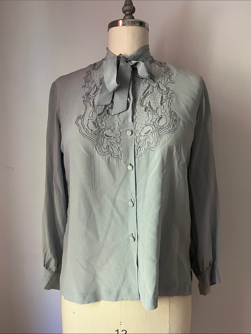 Vintage Ice Blue Women's Embroidered Tie-Neck Blouse Button Up